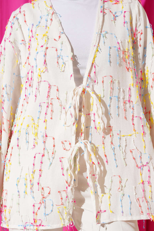 Renkli Püsküllü Bağlamalı Kimono Bej