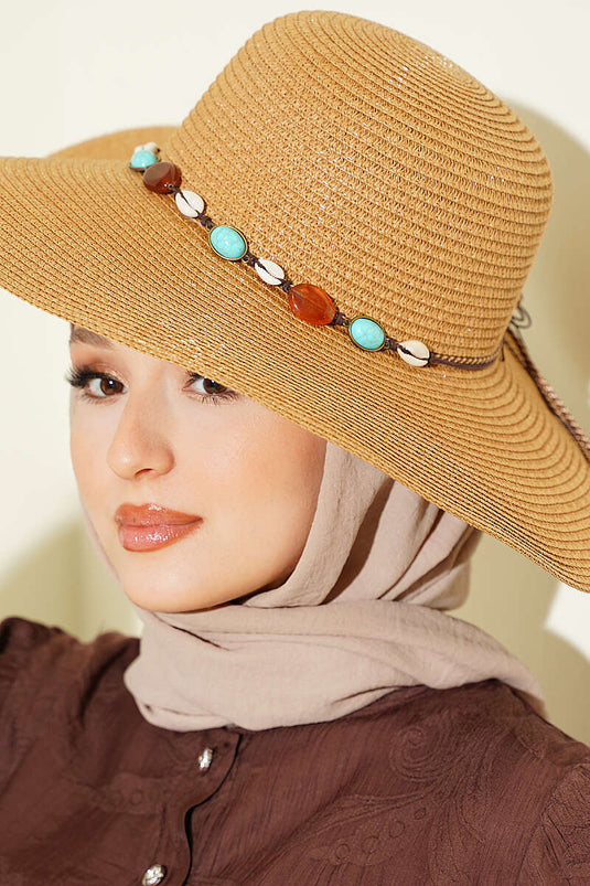 Renkli Taşlı Hasır Şapka Camel