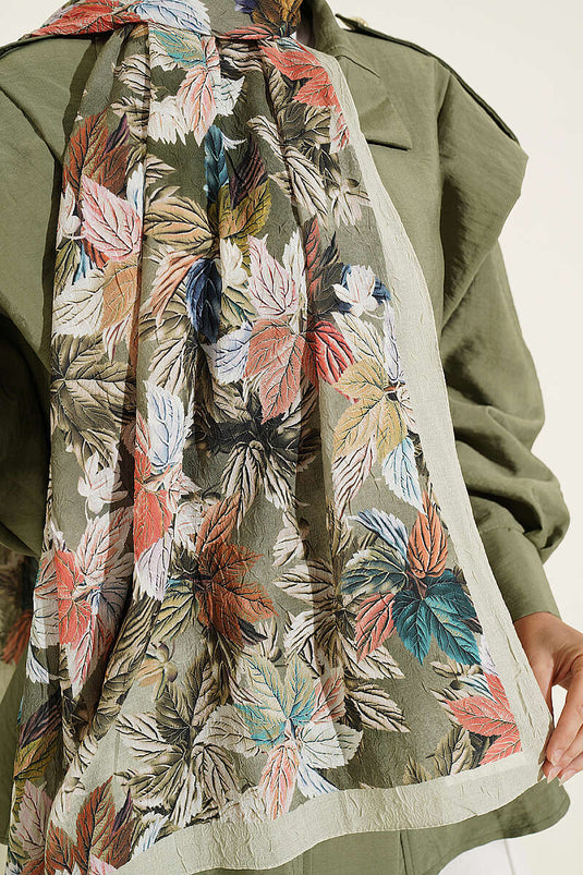 Colorful Leaf Patterned Shawl In Aqua Green