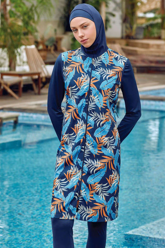 Costume da bagno hijab con cerniera a foglia colorata blu navy scuro