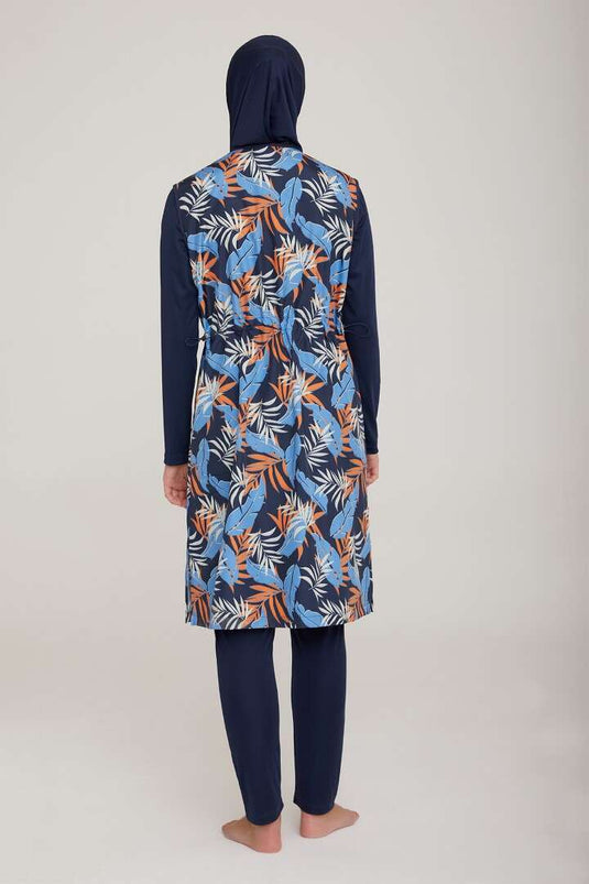 Colorful Leaf Zippered Modest Swimsuit Dark Navy