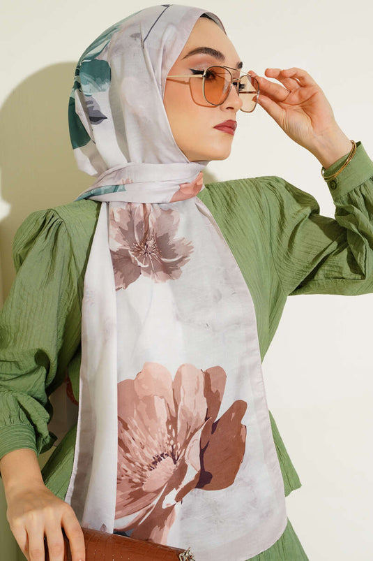 Retro Çiçek Desenli Şal Bej