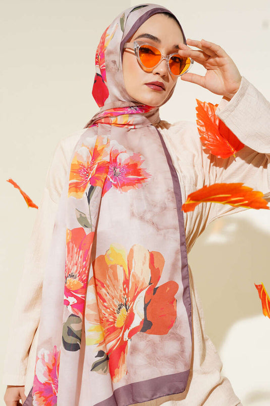 Retro Çiçek Desenli Şal Mocha