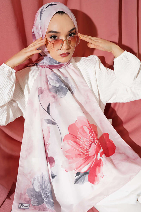 Retro Çiçek Desenli Şal Pudra