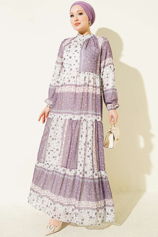 Vestido De Gasa Con Estampado Floral Retro Lila