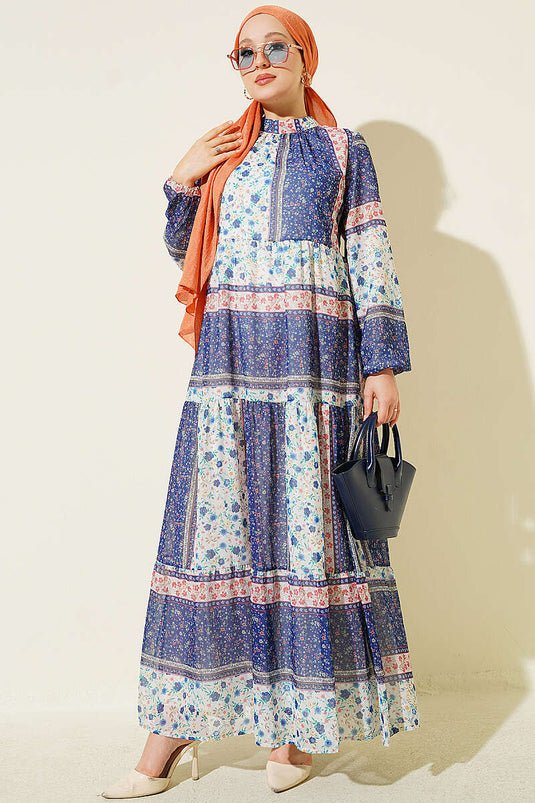 Robe En Chiffon À Fleurs Rétro Bleue