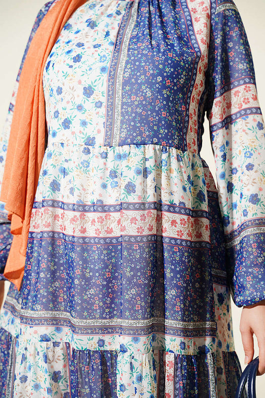 Robe En Chiffon À Fleurs Rétro Bleue