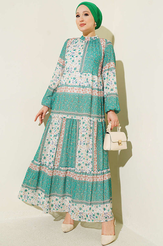 Retro Blumen Chiffon Kleid Grün