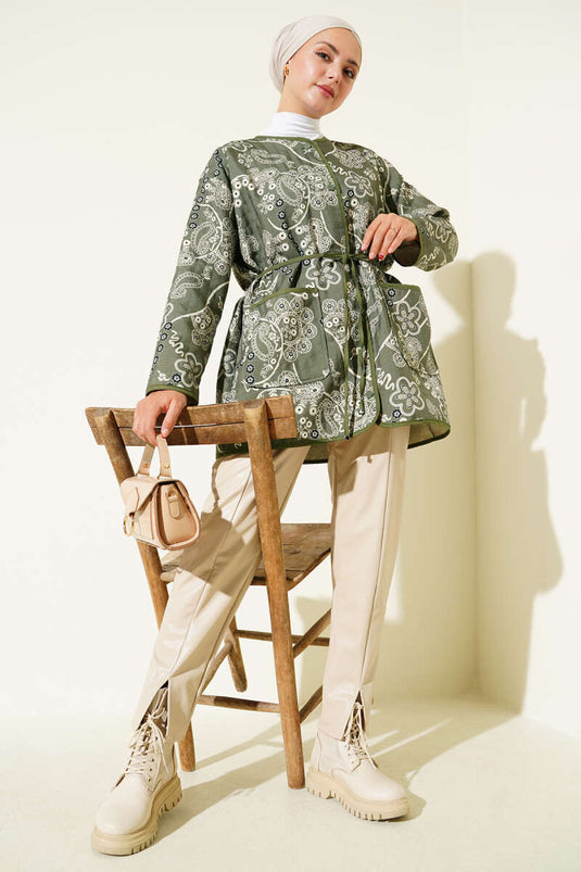 Retro Desen Kapitone Ceket Haki