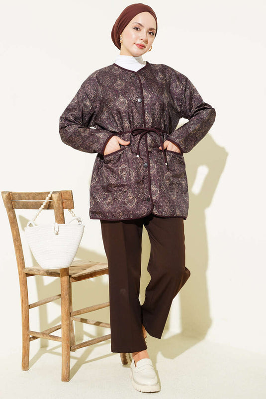 Retro Desen Kapitone Ceket Mürdüm