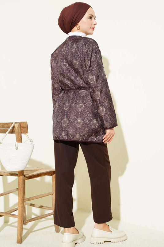 Retro Desen Kapitone Ceket Mürdüm