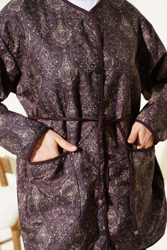 Retro Desen Kapitone Ceket Mürdüm