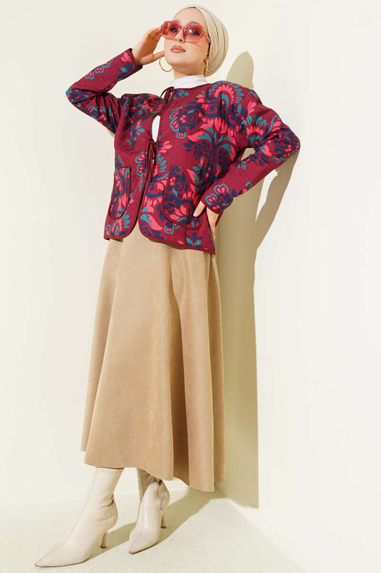 Veste courte matelassée à motif rétro bordeaux