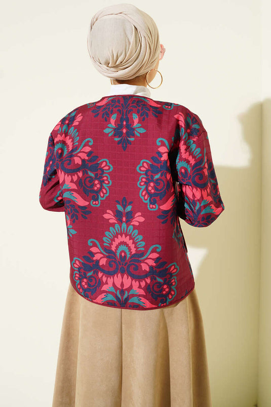 Veste courte matelassée à motif rétro bordeaux