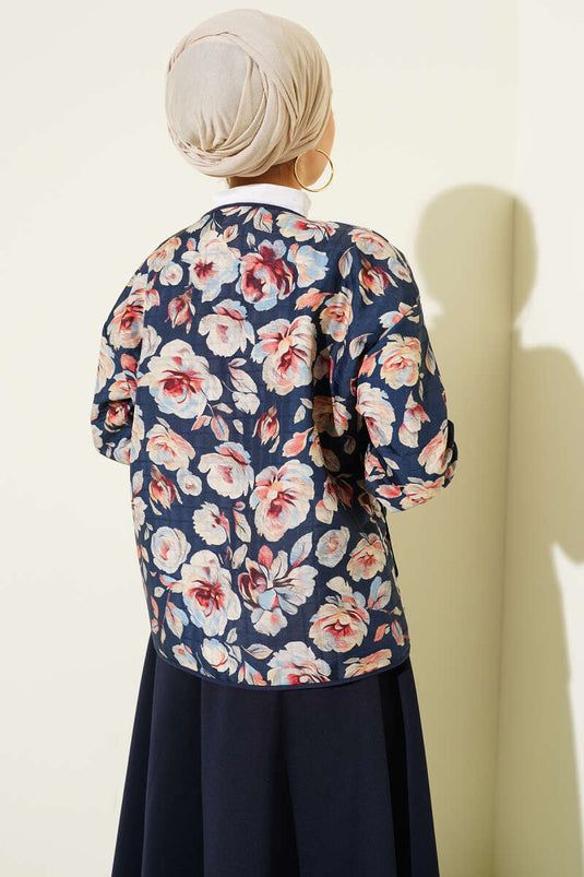 Veste courte matelassée à motif rétro bleu marine