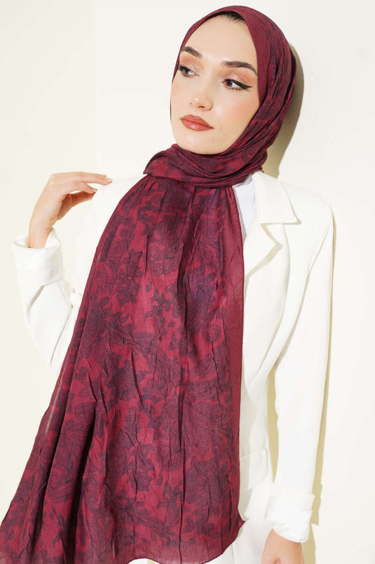 Retro Desenli Bambu Kraş Şal Bordo
