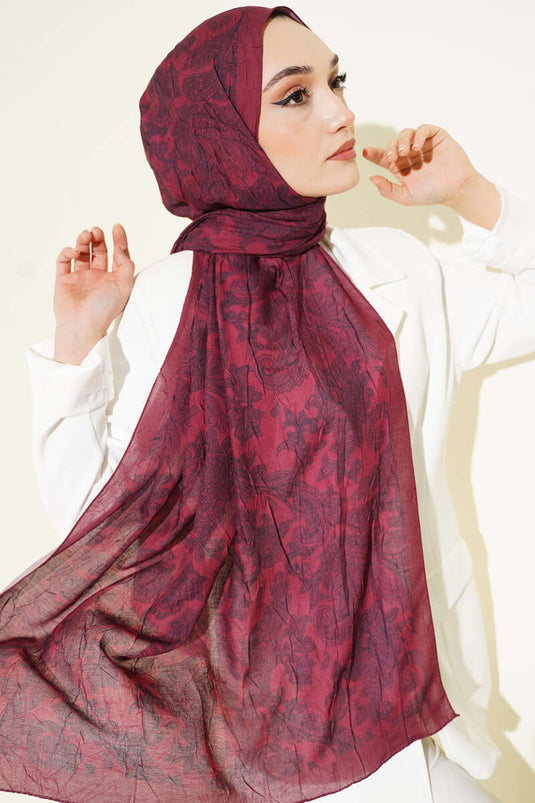 Retro Desenli Bambu Kraş Şal Bordo