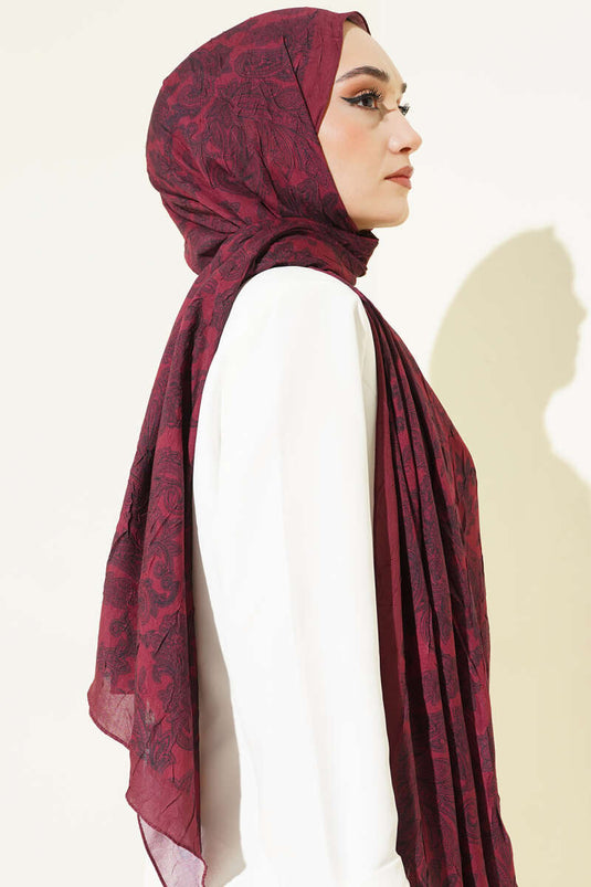 Retro Desenli Bambu Kraş Şal Bordo