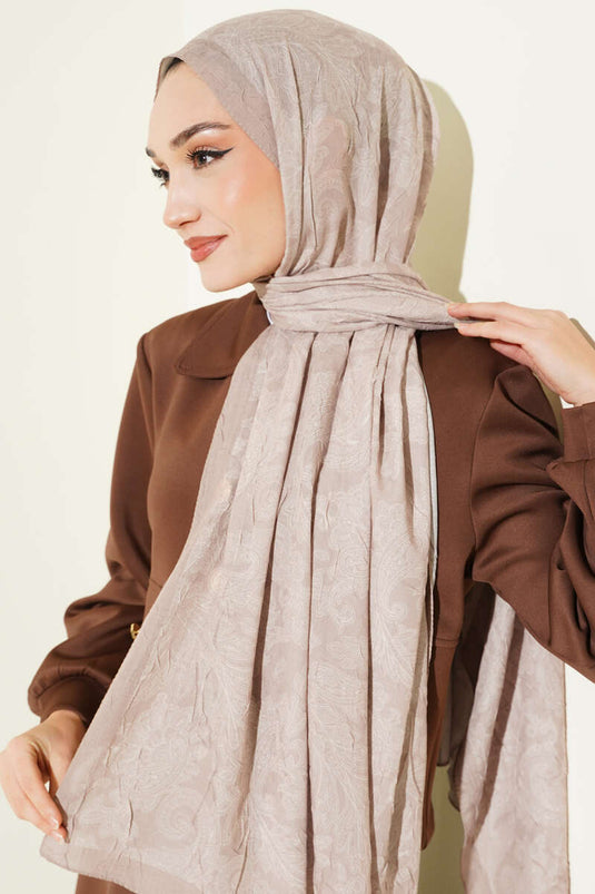 Retro Desenli Bambu Kraş Şal Kum Bej