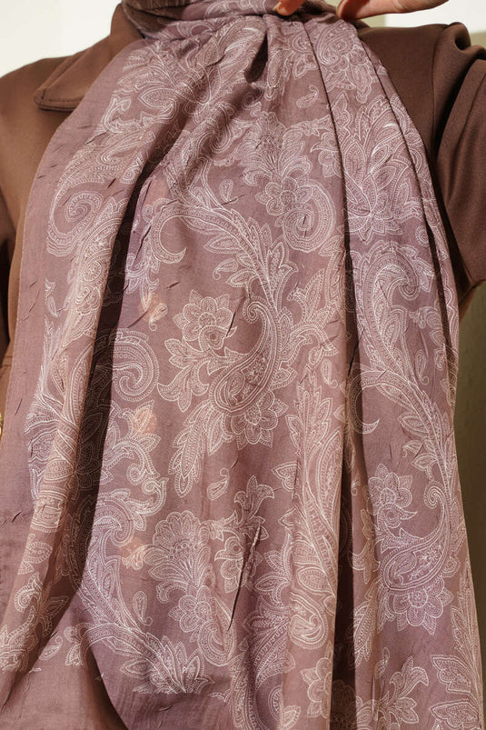 Retro Desenli Bambu Kraş Şal Soft Kahve
