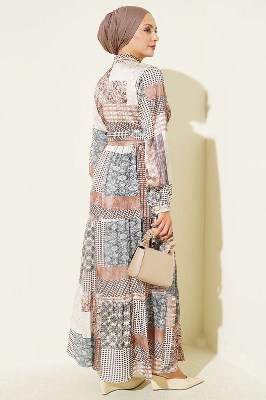 Vestido Largo Con Botones Y Estampado Retro Beige