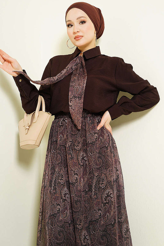 Ensemble Deux Pièces Jupe à Foulard à Motifs Rétro Marron Foncé