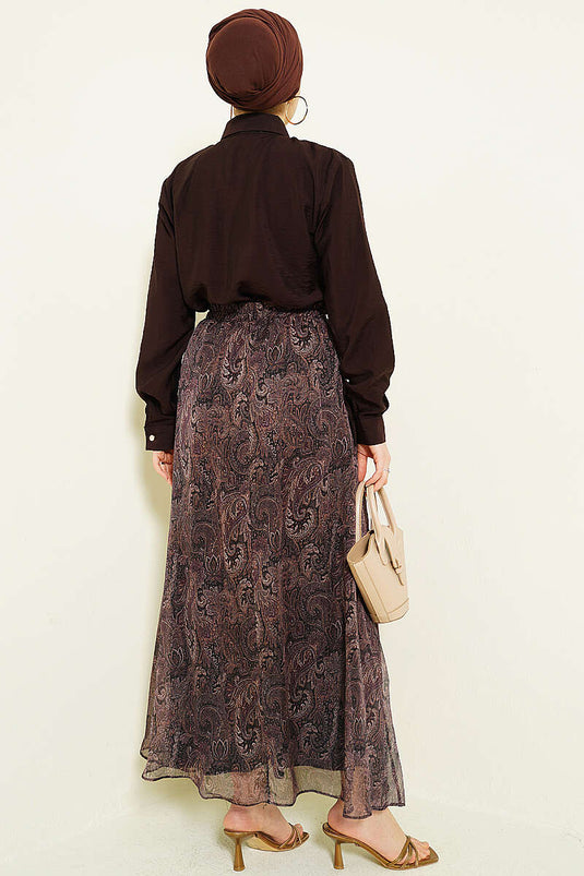 Ensemble Deux Pièces Jupe à Foulard à Motifs Rétro Marron Foncé