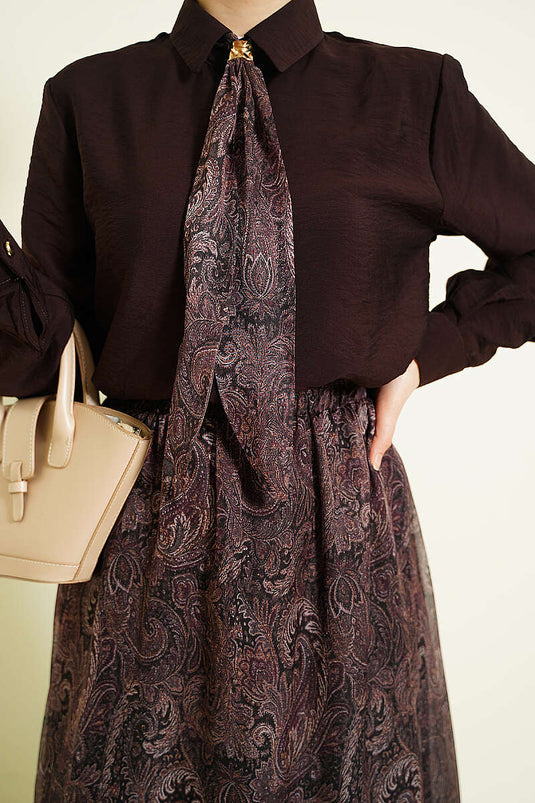 Ensemble Deux Pièces Jupe à Foulard à Motifs Rétro Marron Foncé