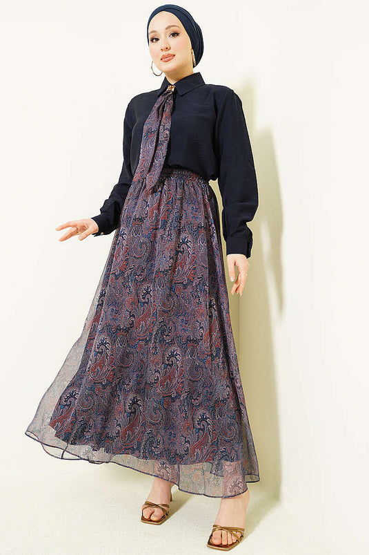 Ensemble Deux Pièces Jupe à Foulard à Motifs Rétro Bleu Marine
