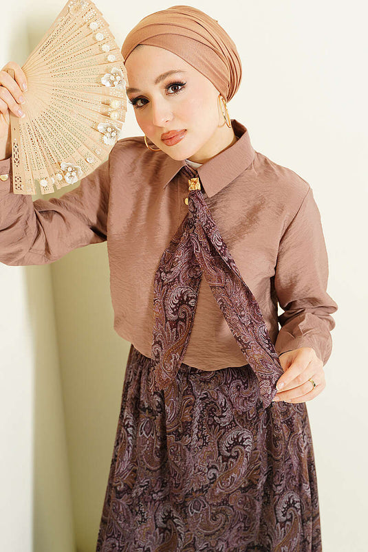 Ensemble Deux Pièces Jupe à Foulard à Motifs Rétro Couleur Vison