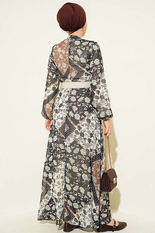 Robe En Chiffon À Motif Rétro Couleur Café