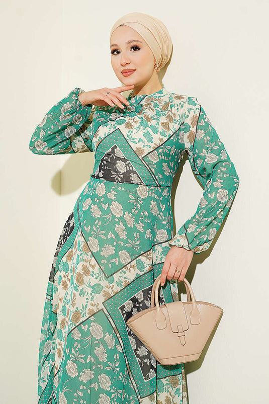 Robe En Chiffon À Motifs Rétro Vert
