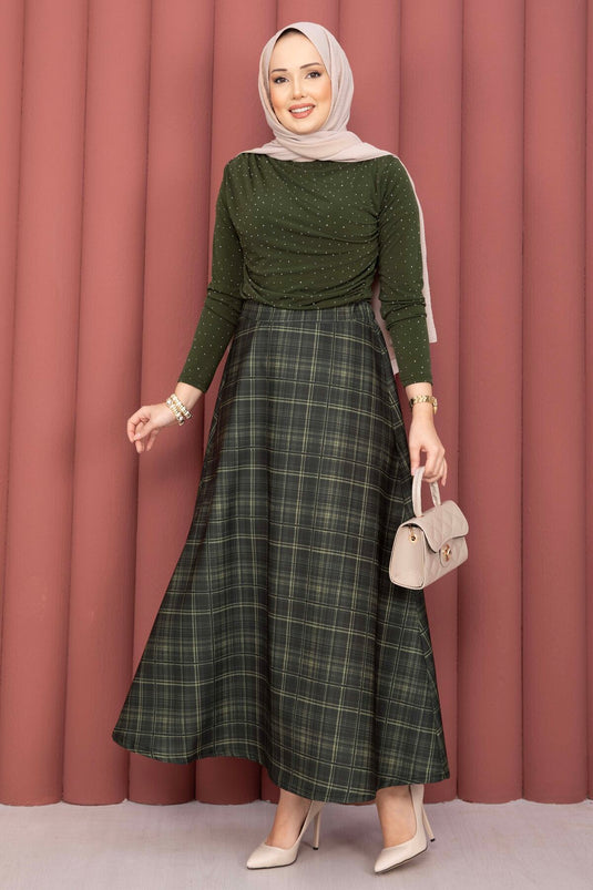 Retro Plaid Pattern Scuba Skirt Khaki