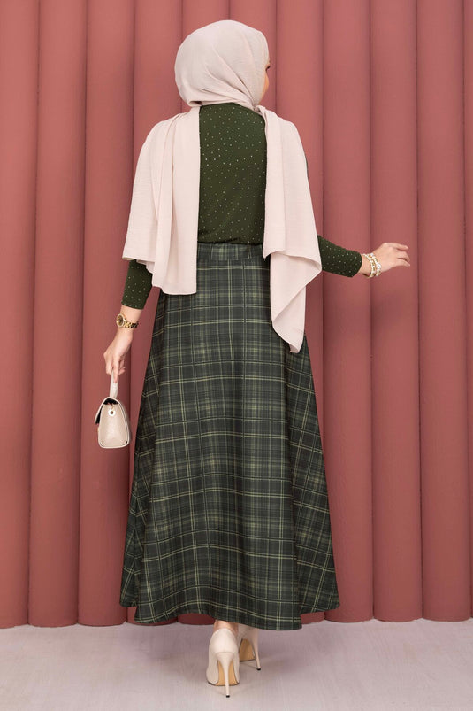 Retro Plaid Pattern Scuba Skirt Khaki