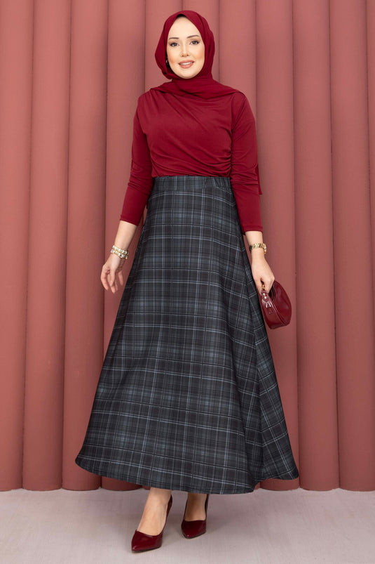 Retro Ekose Desen Scuba Etek Siyah