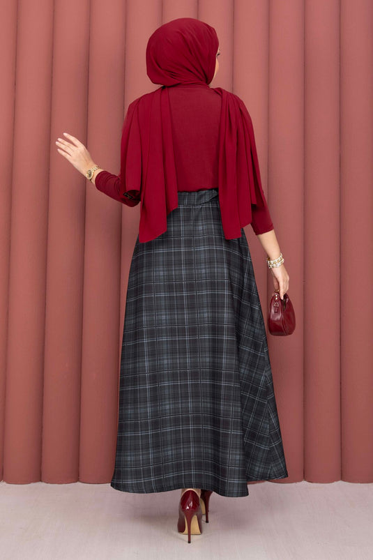 Retro Ekose Desen Scuba Etek Siyah