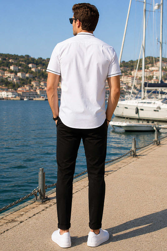 Ribana Detaylı Kısa Kol Erkek Gömlek Beyaz