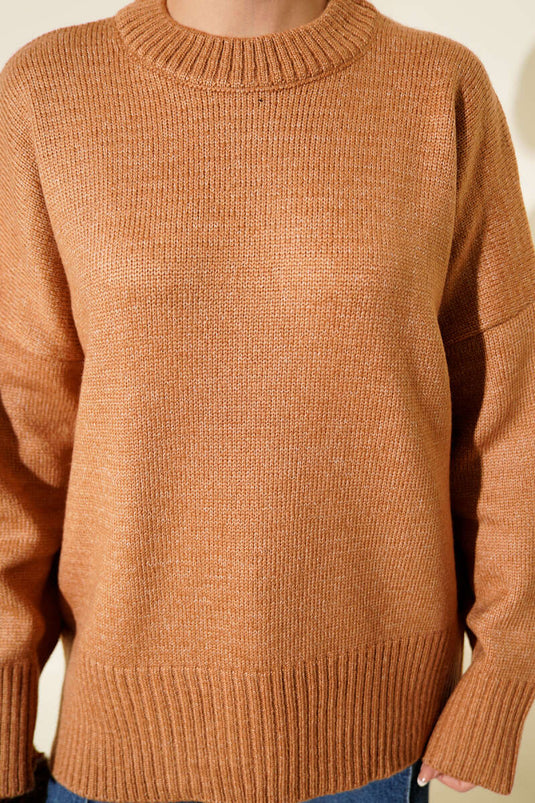 Tunica in maglia effetto coste color cammello