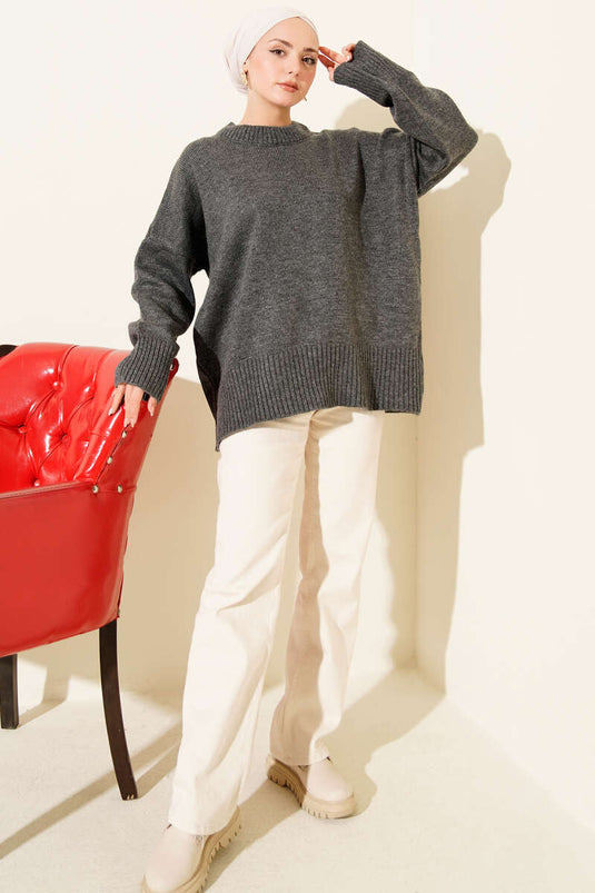 Ribbed Look Knit Tunic, Dark Gray