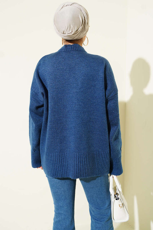 Ribana Görünümlü Triko Tunik İndigo