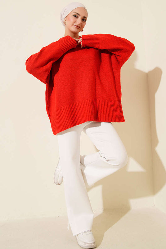 Ribana Görünümlü Triko Tunik Kırmızı