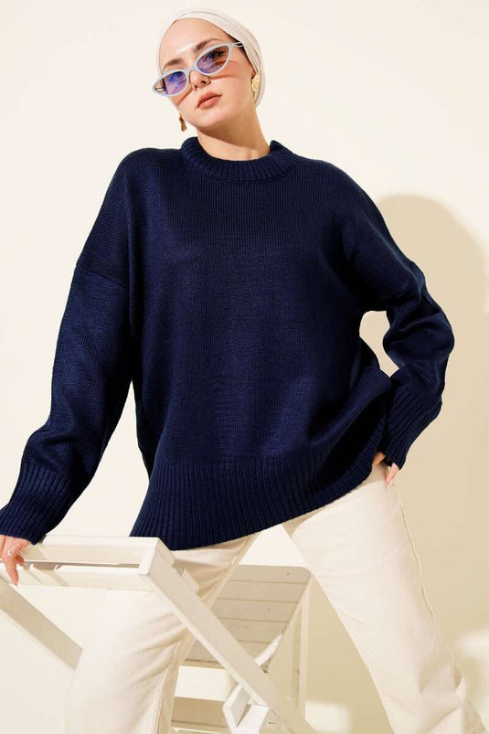 Ribbed-Look Knit Tunic, Navy Blue