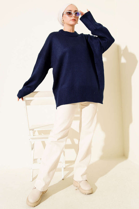 Ribbed-Look Knit Tunic, Navy Blue