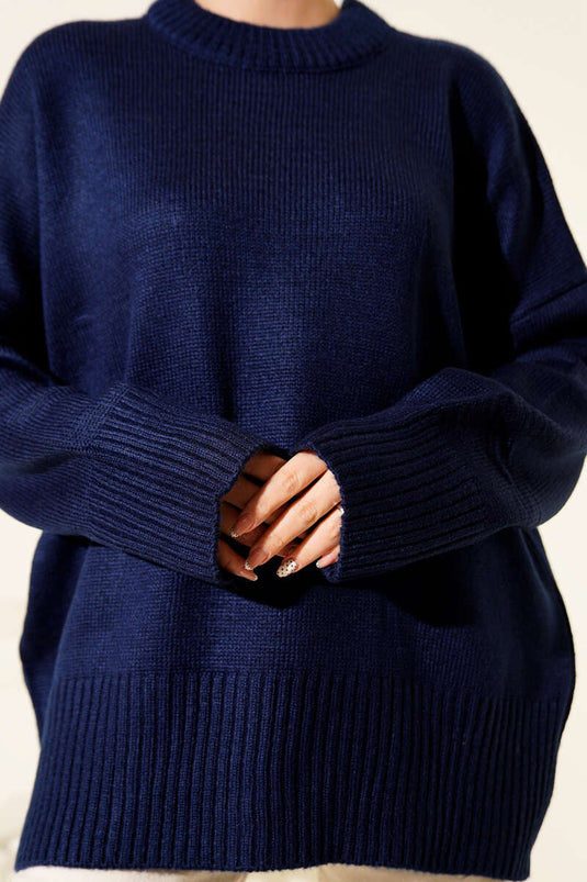 Ribbed-Look Knit Tunic, Navy Blue