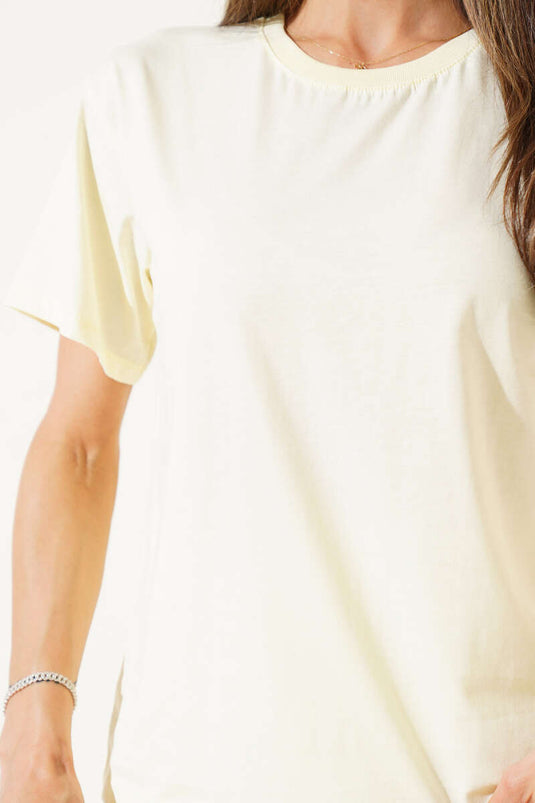 Ribanalı Bisiklet Yaka Düz T-shirt Sarı