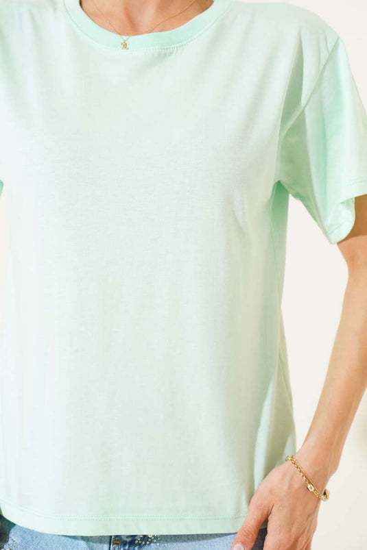 Ribbed Crew Neck Plain T-shirt Aqua Green