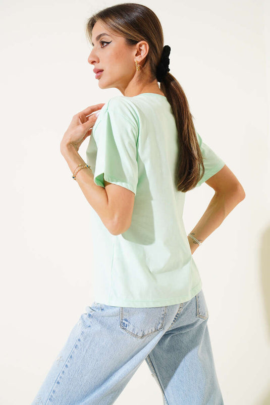 Ribbed Crew Neck Plain T-shirt Aqua Green