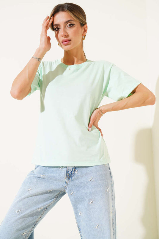 Ribbed Crew Neck Plain T-shirt Aqua Green