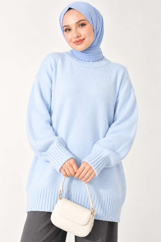 Ribanalı Bisiklet Yaka Triko Tunik Bebe Mavi