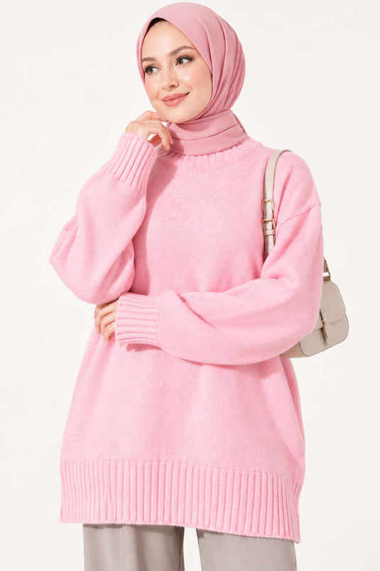 Ribanalı Bisiklet Yaka Triko Tunik Pembe